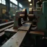 Dettaglio della morsa di una segatrice a nastro in officina meccanica durante il taglio