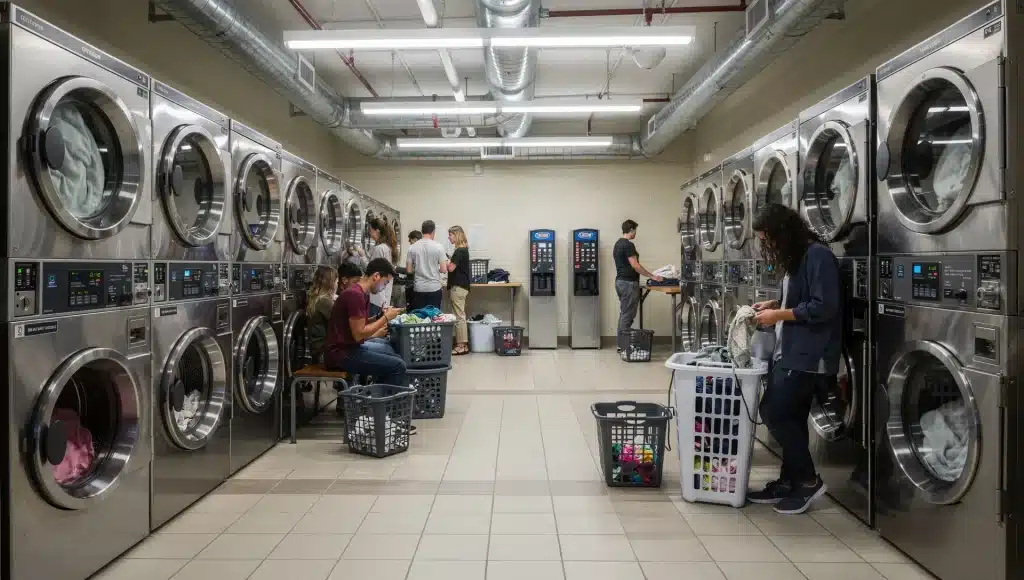 Lavanderia self-service in una residenza universitaria con studenti in attesa davanti a lavatrici e asciugatrici