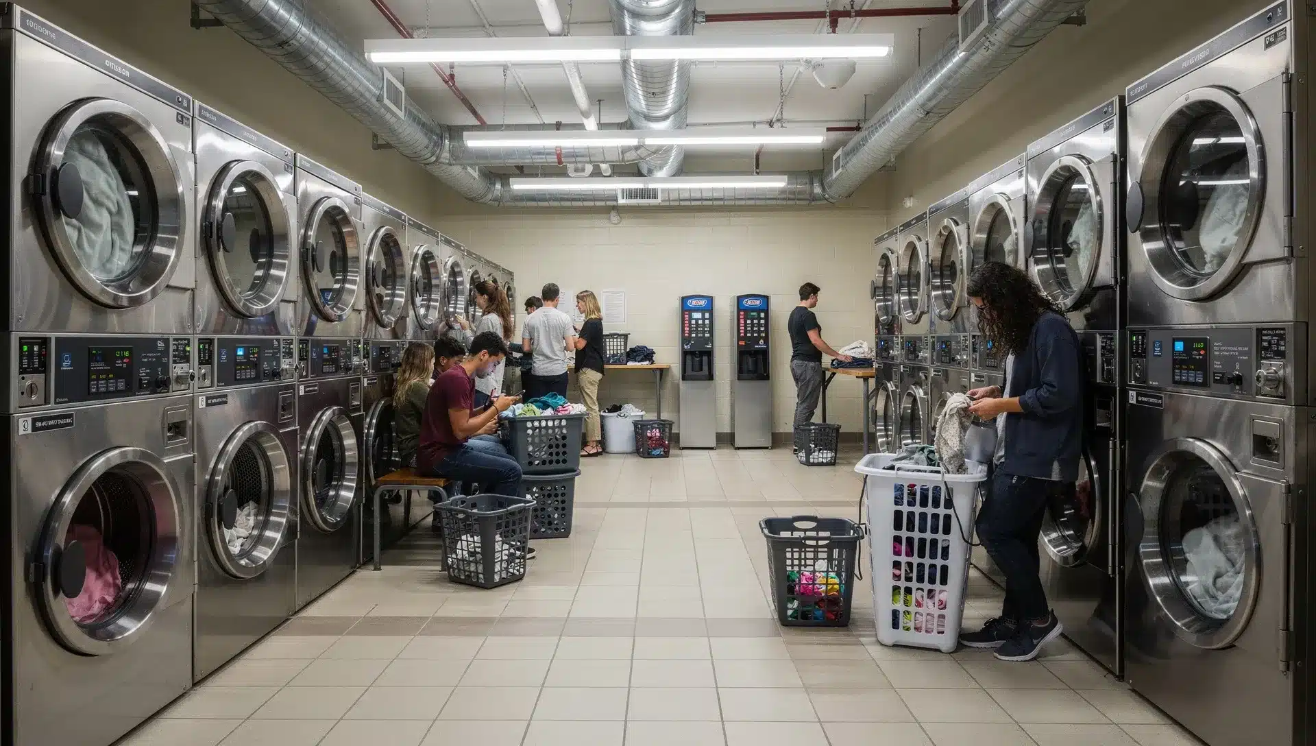 Lavanderia self-service in una residenza universitaria con studenti in attesa davanti a lavatrici e asciugatrici